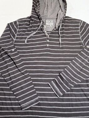 BKE Men's Charcoal and Light Gray Striped Hooded Henley